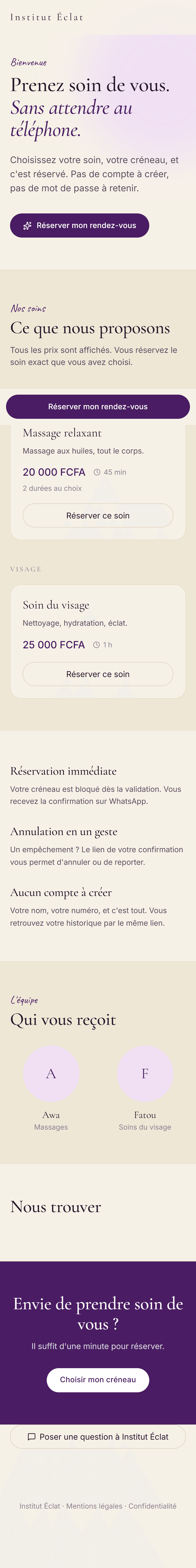 La page publique d'un institut sur un téléphone, avec les soins et les prix.