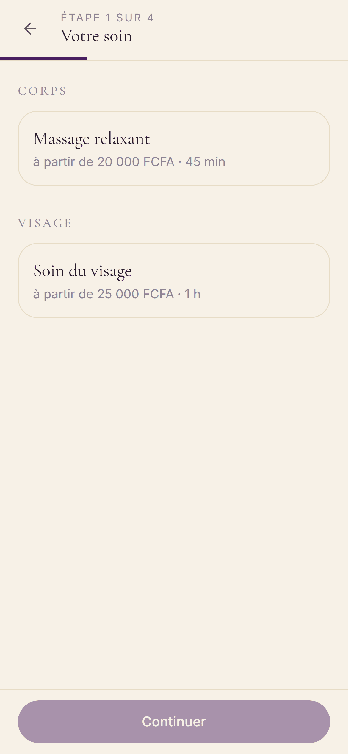 Le début du tunnel de réservation sur un téléphone.